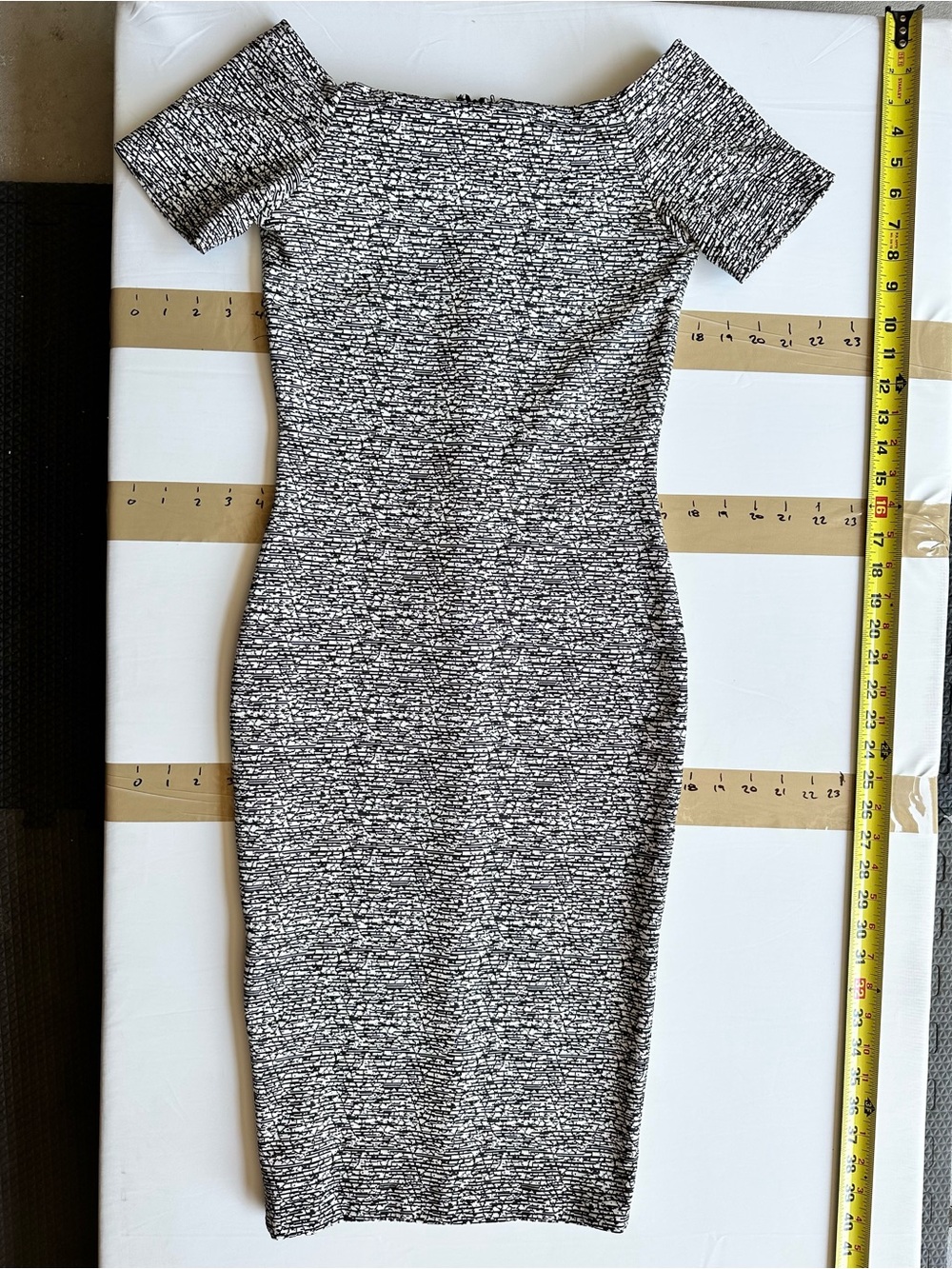 Off-Shoulder Black and White Midi Bodycon Dress